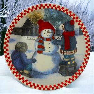 Vtg Country Cabin Children Snowman Winter Plate Christmas Checkered Rim